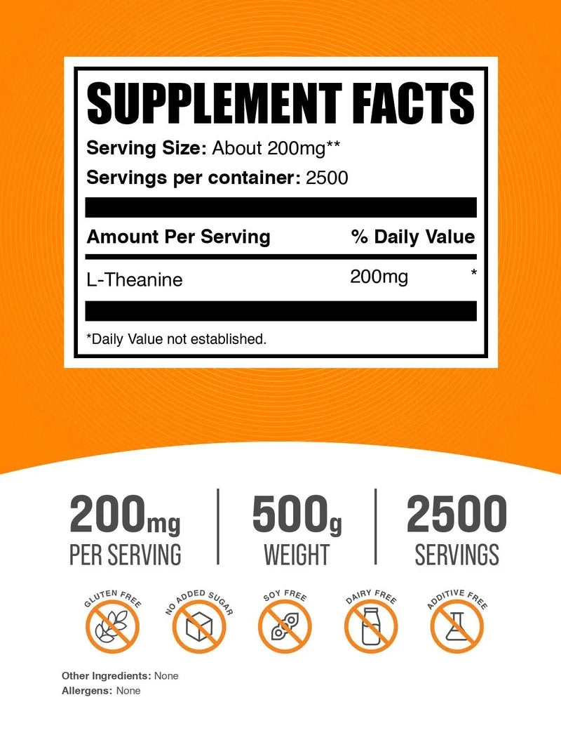 Bulksupplements L-Theanine Powder - Amino Acid Supplement, Theanine Supplement - Unflavored, 200Mg per Serving, 500G (1.1 Lbs)