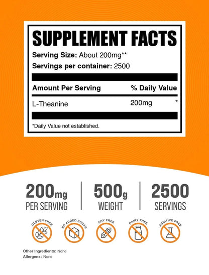 Bulksupplements L-Theanine Powder - Amino Acid Supplement, Theanine Supplement - Unflavored, 200Mg per Serving, 500G (1.1 Lbs)